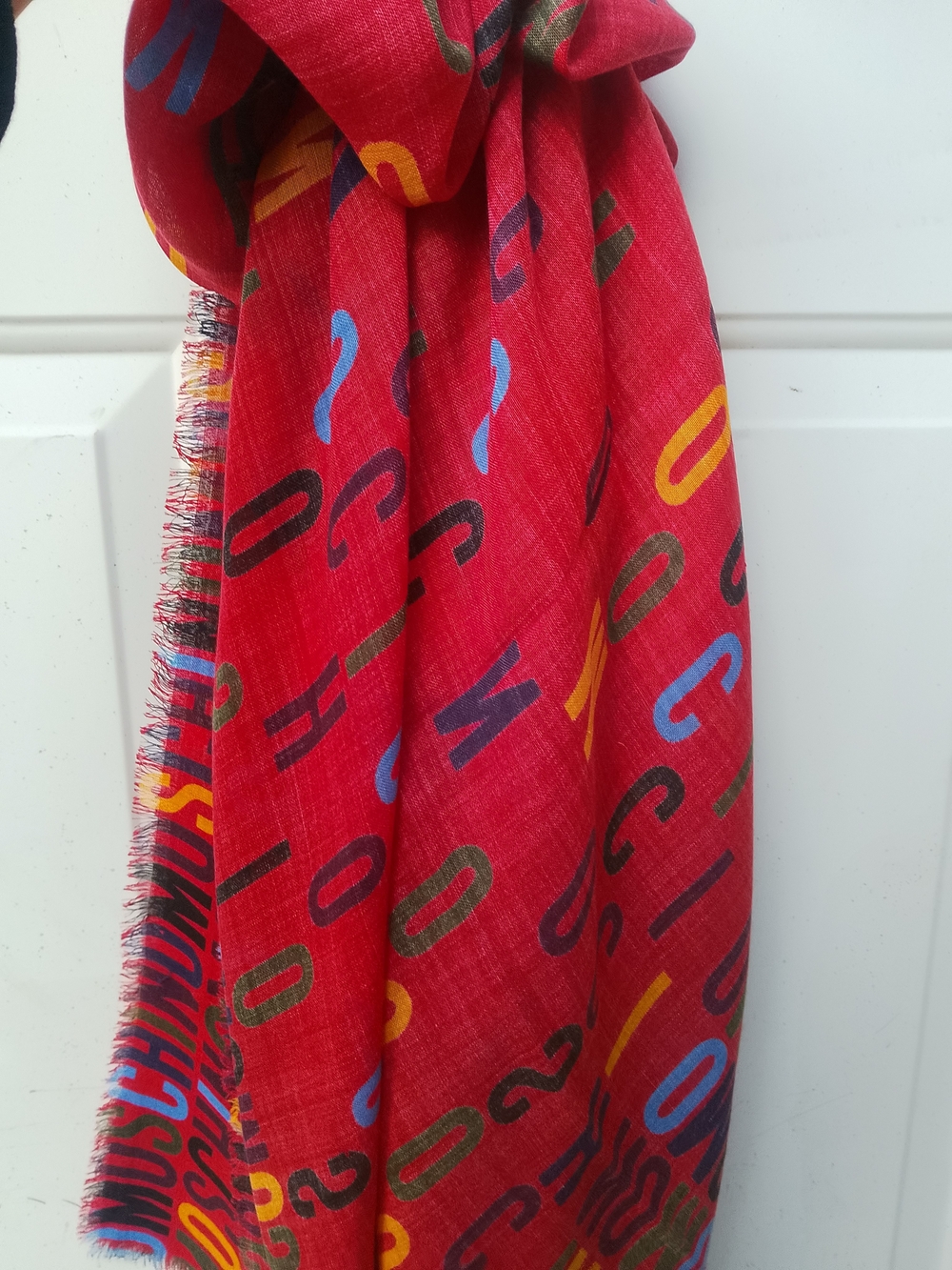 Moschino Red Multicolor Logo Pattern Scarf